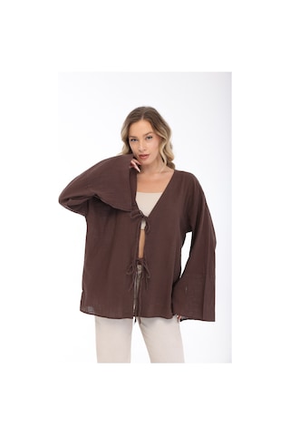 Blayn Jeans Blayn Kadın Keten Kimono Oversize Rahat Kalıp Yazlık Uzun Kollu Kimono Kahverengi