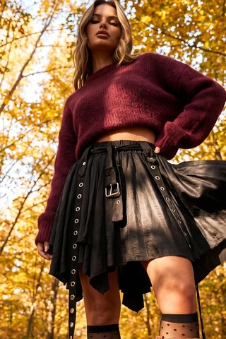 Fashion Cocktail Punk Gotik Saçaklı Grommet Detaylı Vintage Görünümlü Metalli Akışkan Saçaklı Tasarım Etek Siyah