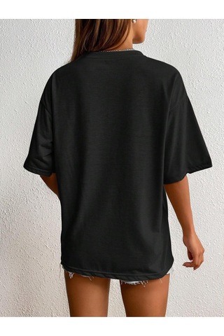 Smile Tasarım T-shirt - Siyah Baskılı Oversize Bisiklet Yaka Kısa Kol Tişört Siyah
