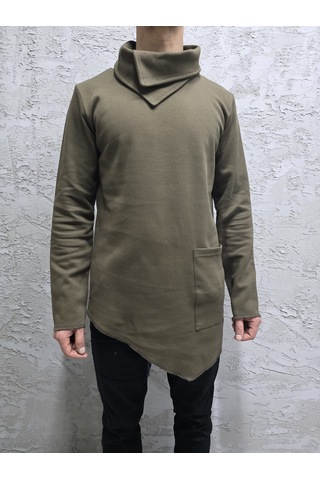 Şal Yaka Cep Detaylı Erkek Sweatshirt Haki