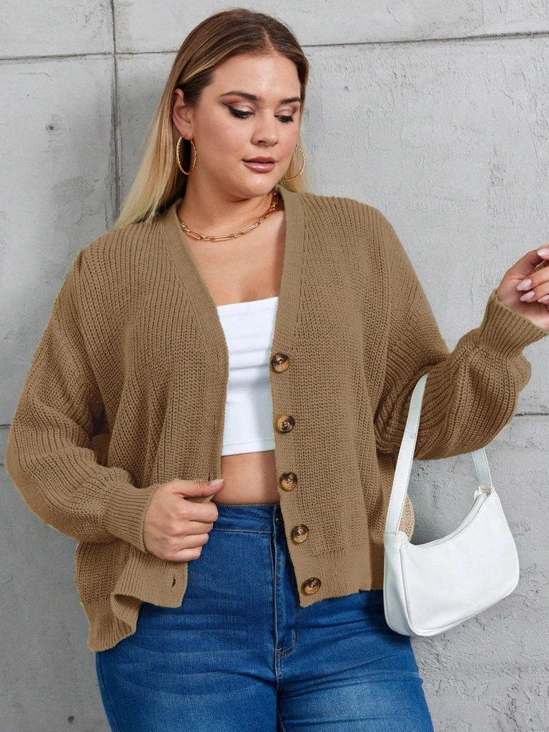 Tua Moda Kadın Beş Düğme Büyük Beden Triko Hırka Kahve