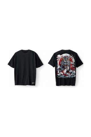 Bumeta Japon Ejderhası Baskılı Oversize Unisex Tişört T-shirt Siyah