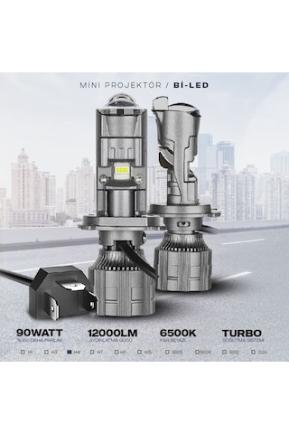 H4 Bi-LED Mini Projektör Lens 90W 16000LM