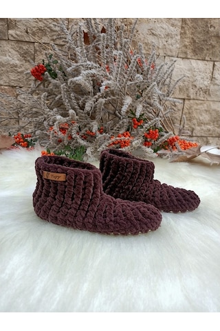 Tuyy El Örgüsü Özel Tasarım Kahverengi Ev Botu& Patik Kahverengi