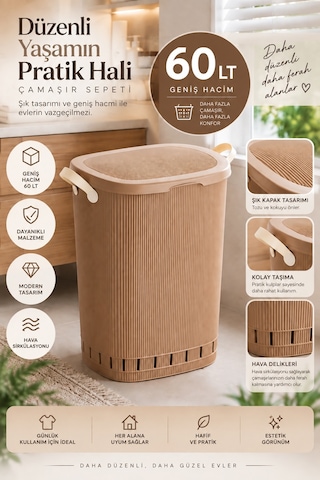 Porsima 0157-2 Still Mokka Kirli Çamaşır Sepeti 60 Lt Kapaklı, Hava Delikli, Kulplu Plastik Çamaşır Sepeti Kahverengi