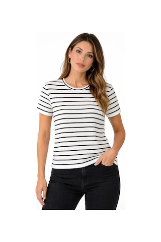 Oada Çizgili Yazlık Triko T-shirt Bisiklet Yaka Rahat Kalıp Tişört - Beyaz