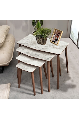 Vovvahome Vega 4lü Dörtlü Mdf Ahşap Zigon Sehpa - Beyaz Mermer