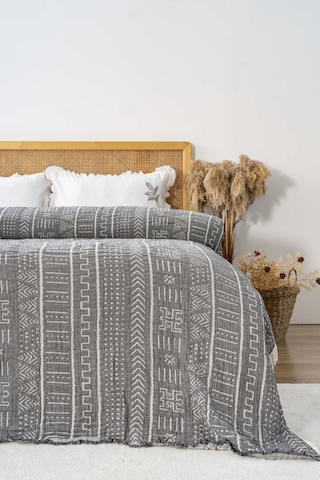 Etno Antrasit Çift Kişilik %100 Pamuklu Müslin Pike & Yatak Örtüsü Antrasit