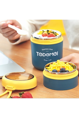 Dekorasyaa 2 Katlı Lunch Box - Mavi - Paslanmaz Çelik - Kaşıklı - Yemek Taşıma Kabı - 710ml Mavi