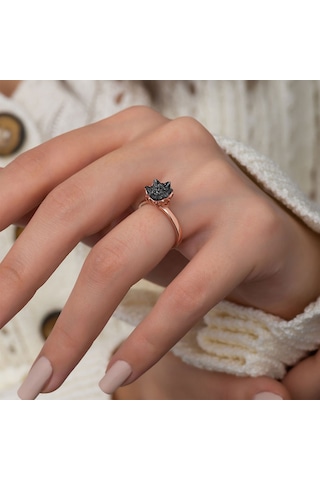 Rose Altın Kaplama Siyah Zirkon Taşlı Lotus Çiçeği Kadın  Yüzük Rose Gold