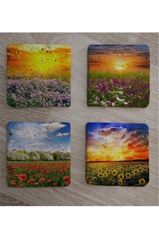 Bahar Çiçekleri Doğal Taş Bardak Altlığı 4'lü Set - Natural Stone Coasters - Taş Çok Renkli