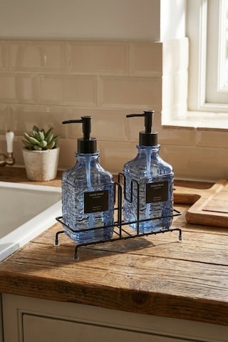 Makri Home Modern Kabartma Desenli Cam Ikili Sıvı Sabunluk & Deterjanlık Seti, Mavi - 500 Ml Cam Sabunluk Mavi