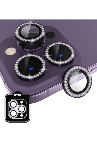 Apple Uyumlu iPhone 15 Pro /pro Max Ipg Kamera Lens Koruyucu Taşlı - Koyu Mor