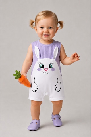 Babyden's Kız Bebek Tulum Yazlık %100 Pamuk Ribana Kolsuz Tavşan Baskılı Çıtçıtlı Bebek Tulumu 0-9 Ay Lila