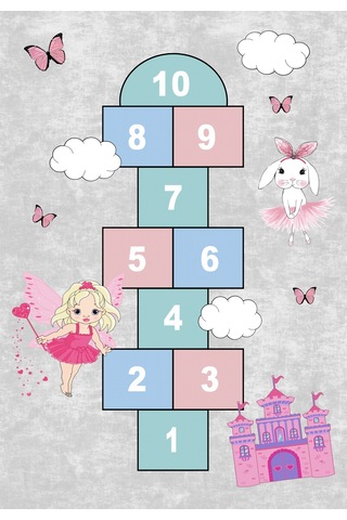 Dijital Baskılı Dekoratif Kaymaz Taban Yıkanabilir Kız Çocuk Seksek Temalı Modern Çocuk Halısı Gri