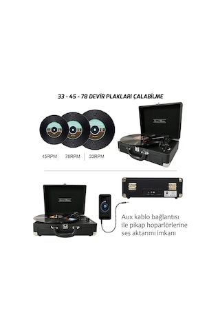 Record Master T310CH Şarj Özellikli Retro Pikap Siyah