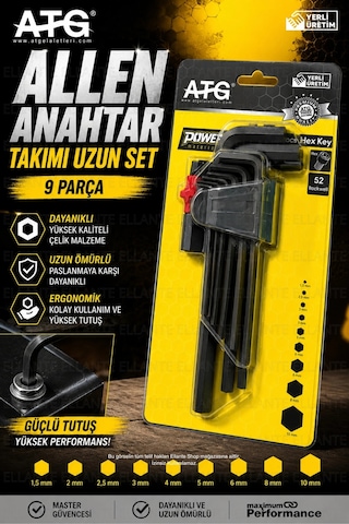 Atg Alyan Anahtar Takımı Uzun Set 9 Parça 1.5-10 Mm Alyan Seti 52 Hrc Çelik Profesyonel El Aleti