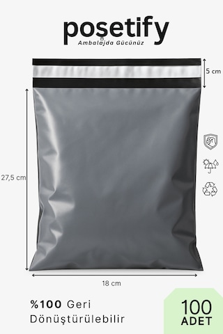 Cepsiz Kargo Poşeti 18x27,5x5 Cm 100 Adet E-ticaret Poşeti Gri Yapışkan Bantlı Kargo Zarfı