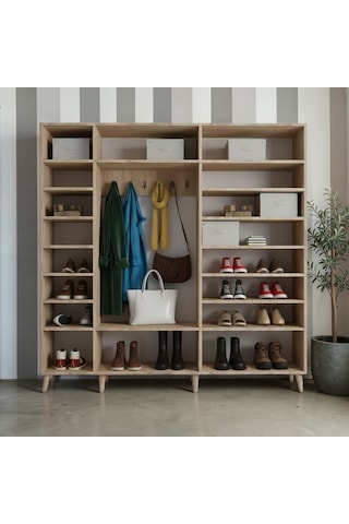 Alara Tamamı Mdf Aynalı Portmanto Vestiyer Ayakkabılık Meşe 200 Cm - M12
