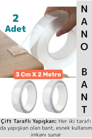 Ultra Güçlü Esnek Kesilebilir Kolay Kullanım Estetik Çift Taraflı Nano Şeffaf Bant 3 Cmx2 Metre 2 Ad