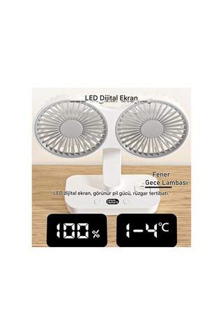 Hr001 Çift Kafalı Vntilatör Otomatik Salınımlı Şarjlı Masaüstü Ve Duvara Asılabilir Fan Serinletici Led Işıklı Mini Klima