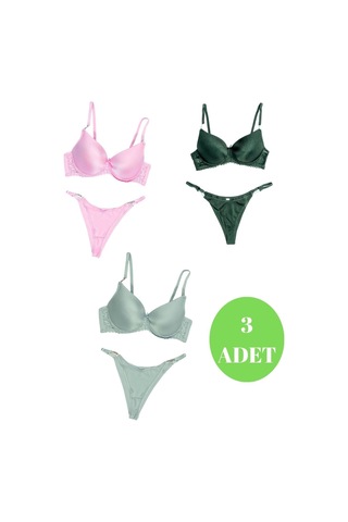 Murays Kadın 3 Lü Damla Taş Mikro Sütyen Takım Pembe/haki/yeşil