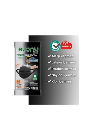 Evony Siyah Yumuşak Elastik Kulaklı Cerrahi Maske 10'Lu