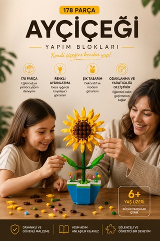 Ayçiçeği Yapım Blokları 178 Parça Led Işıklı Dekoratif Yapboz Çiçek Seti 6+ Yaş