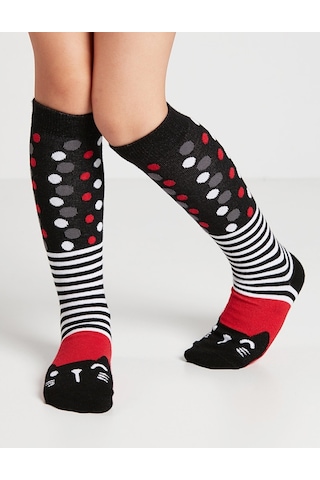 Denokids Mushi Çizgili Kediler Kız Dizaltı Çorap 2'Li