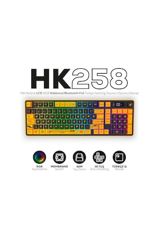 Hawk Gaming Hk258 Membrane Lcd Rgb Kablosuz/bluetooth Siyah Turuncu Full Türkçe Gaming Klavye Sarı Siyah