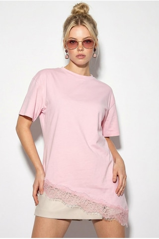 Shade Kadın Dantel Detaylı Asimetrik Kesim Kısa Kollu T-shirt 1078 60286069 - Pembe