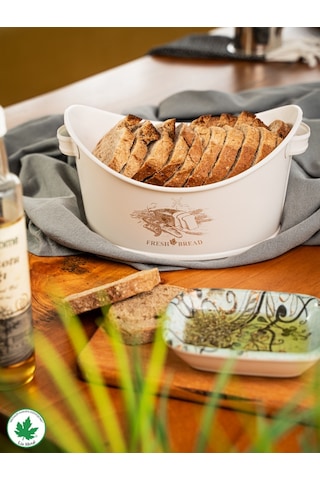 Metal Kayık Ekmeklik, Gondol Ekmeklik, Ekmek Sepeti, Sunumluk Fresh Bread Baskılı - Krem Beyaz