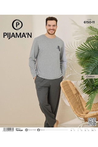 Pijamoni Erkek Pamuklu Bisiklet Yaka Uzun Kol İnce Pijama Takımı 6150/11 - 1 Adet Gri