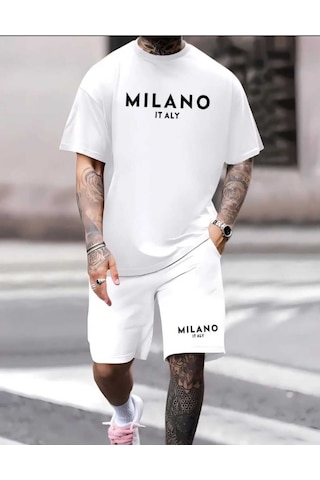 Milano Baskılı Özel Tasarım Oversize Alt Üst Takım Beyaz