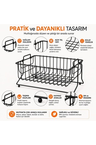 Metal Ayaklı Sepet Meyvelik Sebzelik, Siyah Tel Mutfak Organizeri, Tezgah Üstü Meyve Sebze Sepeti, Tabak Bardak Düzenleyici, Taşıma Kulplu Kaymaz Ayaklı Saklama Sepeti Çok Renkli