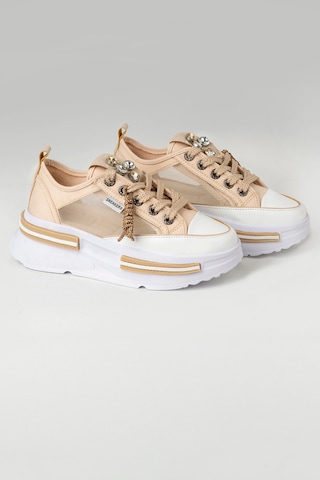 Tw Tonny White Tokyo - 172 Tül Detaylı Keten Sneakers Topuk Boyu 5cm Bej