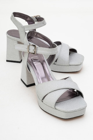 Lisbon Gümüş Simli Çapraz Bantlı Kadın Platform Topuklu Ayakkabı Gümüş