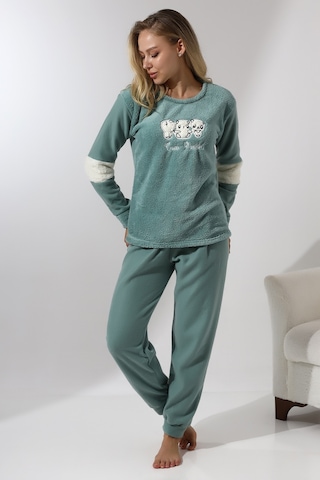 Fawn 5024 Peluş Welsoft Polar Kışlık Yumoş Kadın Pijama Takımı Yeşil
