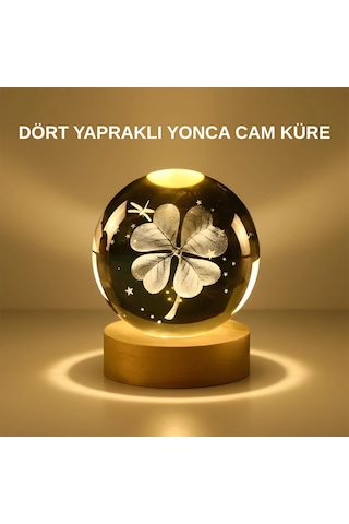 Mey İthalat Dekoratif Yonca Görünümlü Işıklı Kristal Cam Küre Usb Masa Gece Lambası