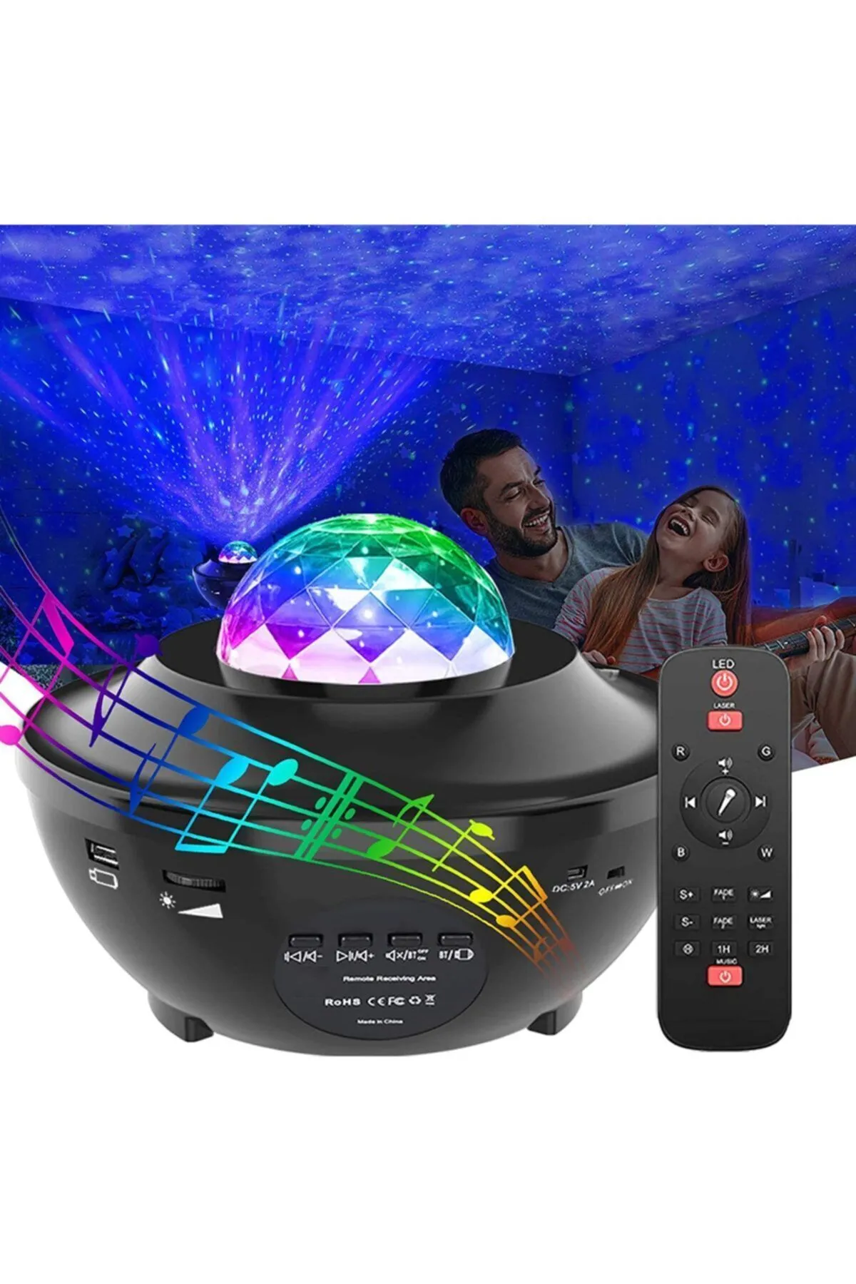 Led Yıldız Bluetooth Hoparlör Usb Projektör Okyanus Dalgası Efektli, 21 Modlu Gece Lambası Siyah