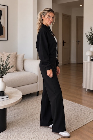 Lima Siyah Kadın Fermuarlı Dik Yaka Eşofman Takımı Oversize Sweatshirt Ve Bol Paça Pantolon İkili Takım