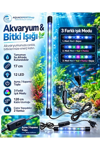 Akvaryum Işığı - Balık Işığı - Bitki Işığı - 17 Cm - 12 Led - Tamamen Su İçinde Kullanılabilir - 3 Modlu - 2w - Mükemmel Işık