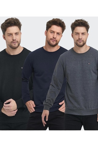 Metalic Erkek Siyah-lacivert-antrasit Bisiklet Yaka Nakış Detaylı Regular Fit 3'lü Sweatshirt Mmtlce70-3 001