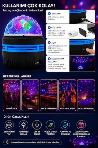 360 Dönen Led Disko Işığı Usb Renkli Gece Lambası Parti Oda Bar Kulüp Aydınlatma Siyah