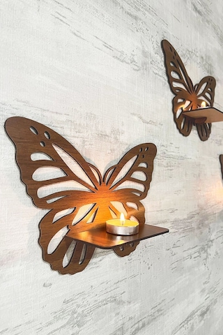 Dekoratif Ceviz Kelebek Duvar Rafı 3 Lü Set 25 Cm Duvar Mumluğu - Mumluk Raf - Ahşap Desenli Siyah