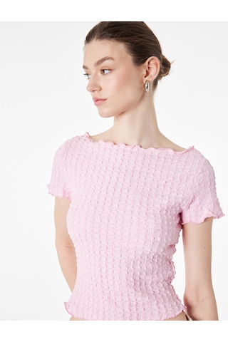 Koton Bürümcük Kumaş Slim Fit Kısa Kollu Omzu Açık Kayık Yaka Bluz Pembe 6sak10364ek Gül