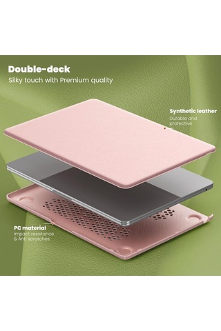 Macbook Uyumlu Air 15inç M2/m3 A2941 A3114 Kılıf Synthetic İpeksi Deri Standlı Havalandırmalı Kapak 2023 2024 Rose Gold