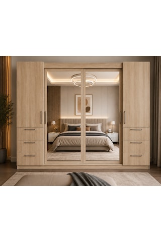 Alya Tamamı Mdf Sürgü Kapaklı Dolap Gardırop Meşe 240 Cm