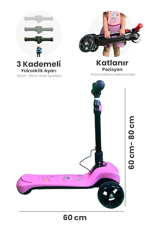 Electron Led Işıklı Hoparlörlü Yükseklik Ayarlı Elektrikli Scooter - 60w Pembe