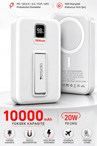Exenar - Beyaz - 15w Kablosuz Şarjlı Powerbank Standlı Magsafe Pd 20w Hızlı Şarj 10.000 Mah Dijital Göstergeli